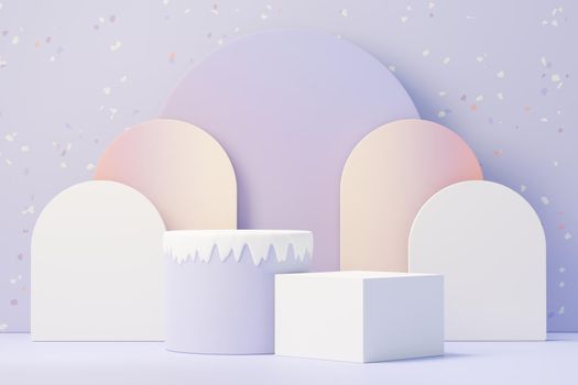 3d render of Beauty podium with Very Peri color of the year 2022 design for product presentation and advertising. Minimal pastel sky and Dreamy land scene. Romance concept.