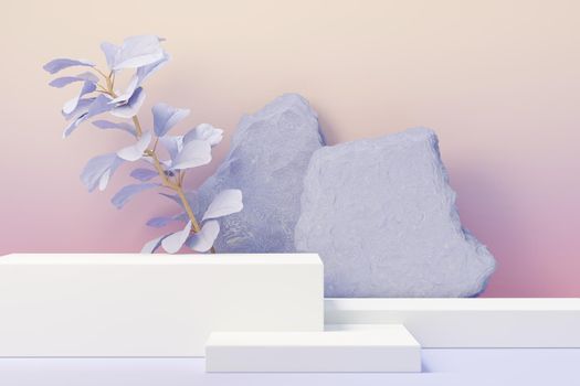 3d render of Beauty podium with Very Peri color of the year 2022 design for product presentation and advertising. Minimal pastel sky and Dreamy land scene. Romance concept.