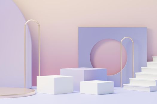 3d render of Beauty podium with Very Peri color of the year 2022 design for product presentation and advertising. Minimal pastel sky and Dreamy land scene. Romance concept.