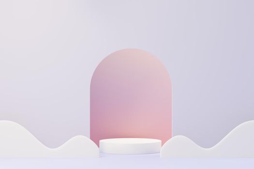 3d render of Beauty podium with Very Peri color of the year 2022 design for product presentation and advertising. Minimal pastel sky and Dreamy land scene. Romance concept.