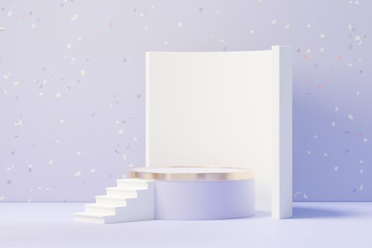 3d render of Beauty podium with Very Peri color of the year 2022 design for product presentation and advertising. Minimal pastel sky and Dreamy land scene. Romance concept.