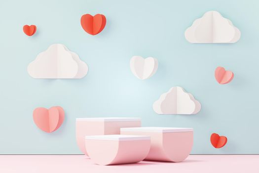 3d render minimal sweet scene with display podium for mock up and product brand presentation. Pink Pedestal stand for Valentine's Day's theme. Cute lovely heart background. Love day's design style.