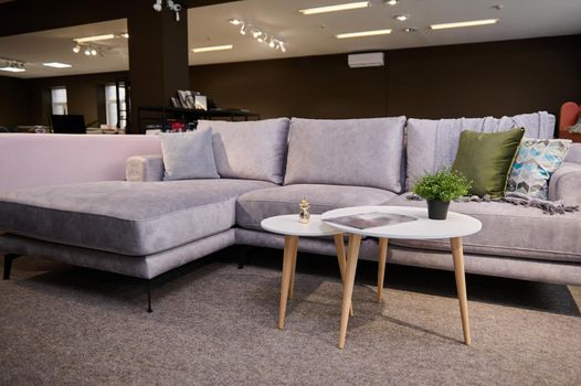 Exhibition of upholstered furniture. Comfortable upholstered settee with colored stylish cushions and small modern journal table displayed for sale in the furniture store showroom.