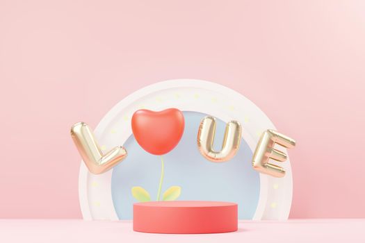 3d render minimal sweet scene with display podium for mock up and product brand presentation. Pink Pedestal stand for Valentine's Day's theme. Cute lovely heart background. Love day's design style.