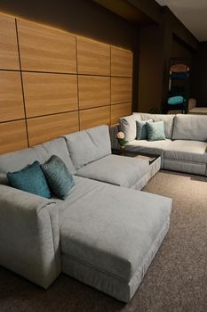 Model of a modern soft settee with pillows displayed for sale in a showroom of a furniture store. Living room design