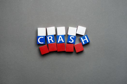 Disintegration block letters wood word crash in Russian flag cube. Wooden cubes with text concept crash blocks collapsed Russian federation crisis. Cubes crash text isolated flag Russia concept crisis