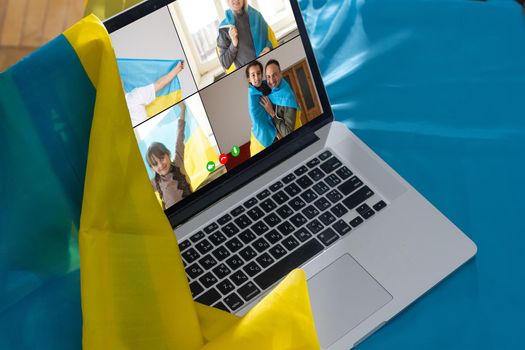 flag of ukraine, young woman teacher working with laptop sitting in classroom. Education, school college university.