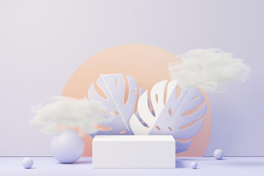 3d render of Beauty podium with Very Peri color of the year 2022 design for product presentation and advertising. Minimal pastel sky and Dreamy land scene. Romance concept.