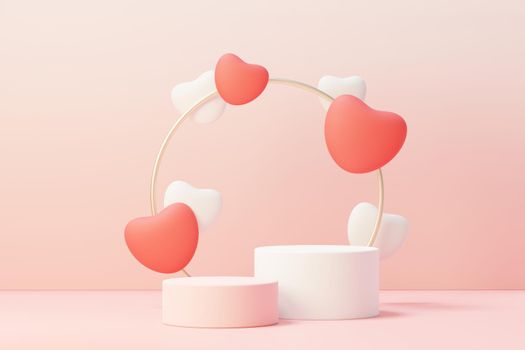 3d render minimal sweet scene with display podium for mock up and product brand presentation. Pink Pedestal stand for Valentine's Day's theme. Cute lovely heart background. Love day's design style.