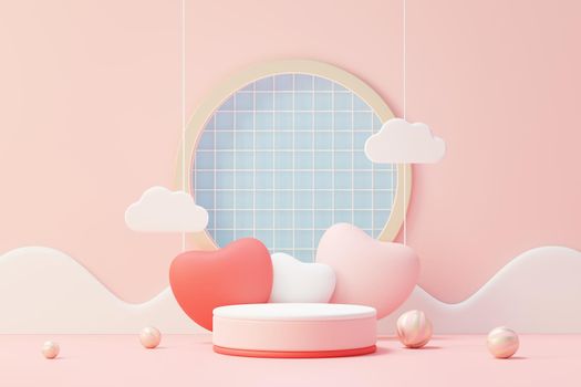 3d render minimal sweet scene with display podium for mock up and product brand presentation. Pink Pedestal stand for Valentine's Day's theme. Cute lovely heart background. Love day's design style.