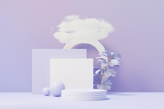 3d render of Beauty podium with Very Peri color of the year 2022 design for product presentation and advertising. Minimal pastel sky and Dreamy land scene. Romance concept.