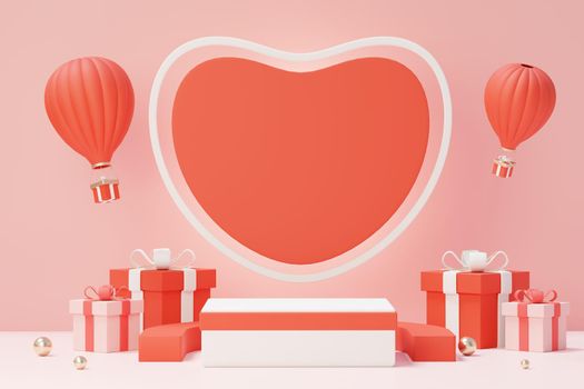 3d render minimal sweet scene with display podium for mock up and product brand presentation. Pink Pedestal stand for Valentine's Day's theme. Cute lovely heart background. Love day's design style.