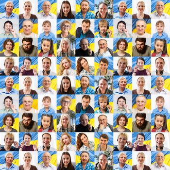 Portraits of many aged people against flag of Ukraine.