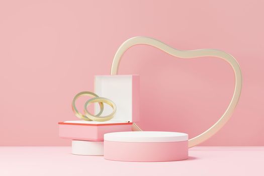 3d render minimal sweet scene with display podium for mock up and product brand presentation. Pink Pedestal stand for Valentine's Day's theme. Cute lovely heart background. Love day's design style.