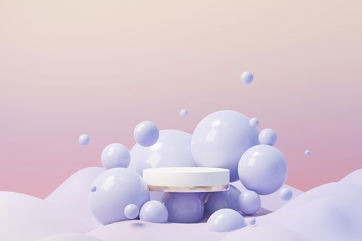 3d render of Beauty podium with Very Peri color of the year 2022 design for product presentation and advertising. Minimal pastel sky and Dreamy land scene. Romance concept.