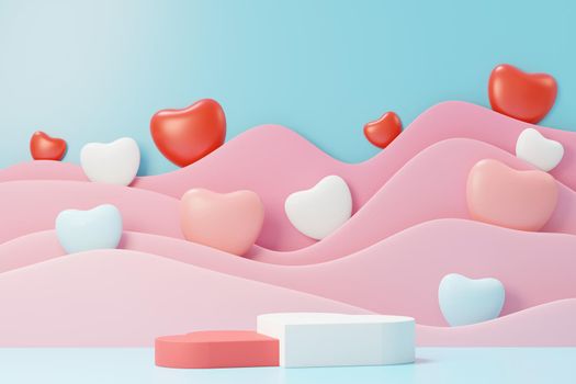 3d render minimal sweet scene with display podium for mock up and product brand presentation. Pink Pedestal stand for Valentine's Day's theme. Cute lovely heart background. Love day's design style.