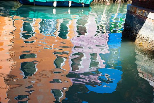 The characteristic colored houses of Burano (Venice) reflected on the water of a canal