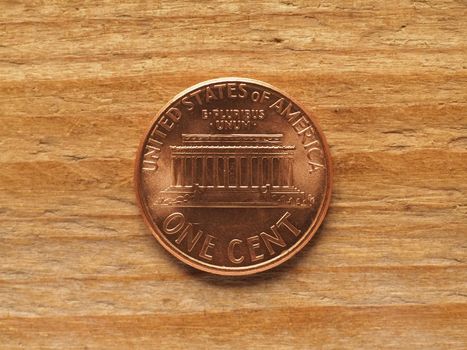 one cent coin reverse side showing Lincoln memorial, currency of the United States