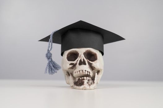 Toy plastic skull with academic cap and glasses