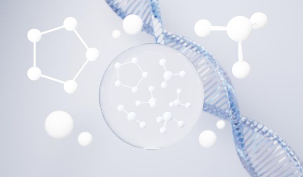 3d render of simple chemical bond in side cell or molecules. The associated of atoms, ions, bond and molecules. Liquid drop bubble background. Covalent bond. Biochemical interaction.