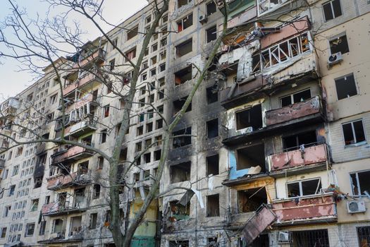 2022 Russian invasion of Ukraine bombed building destroyed Ukraine Russian aggression. Rocket bomb attack Russia against Ukraine war destruction building ruins city destroyed Mariupol damaged Kharkiv