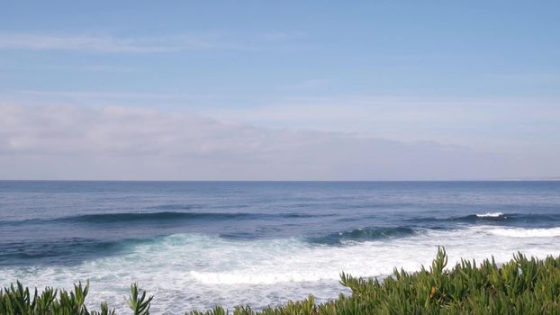 Big ocean waves crashing on beach, sea water surface from above, cliff or bluff, La Jolla shore, California USA. Succulent green ice plant on pacific coast. Seascape natural background. Blue sky.