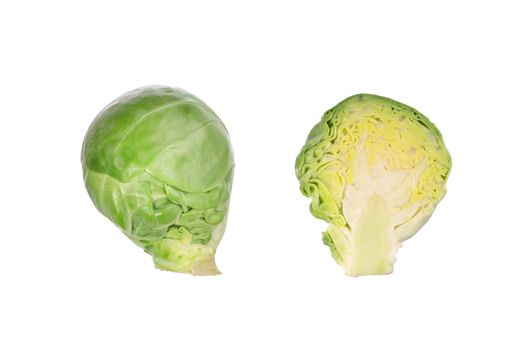 Studio shot of brussel sprout isolated. Brassica oleracea. Group of small green brussel cabbage sprouts. Organic raw vegan healthy food vegetable. Farm market product. Top view, macro, above.