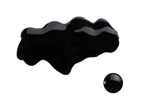 Blot of nai lpolish. Spilled black nailpolish isolated on white. Woman cosmetic fashion product. Nail varnish sample. Finger makeup beauty cosmetic spread. Squiggly sparkly cosmetic enamel. Macro