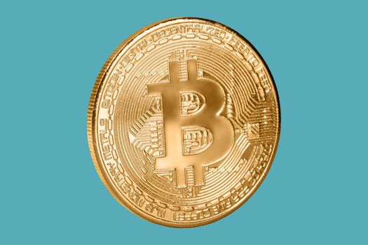 Bitcoin coin isolated on blue background. Cryptocurrency, virtual money. Blockchain technology, bitcoin mining concept