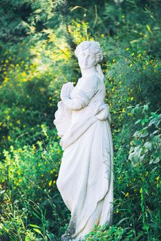 White marble sculpture of young woman antique style. Vintage portrait on green nature backdrop. Statue of ancient greek goddess in summer park outdoor