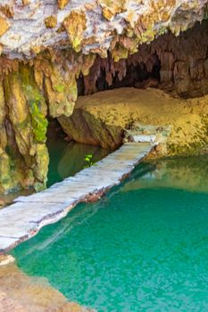 Amazing blue turquoise water and limestone cave sinkhole cenote at Santuario de los guerreros in Puerto Aventuras Quintana Roo Mexico.