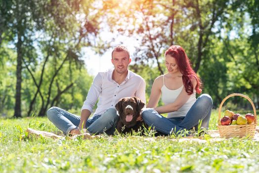 A couple and their dog in the park. Spending time with friends