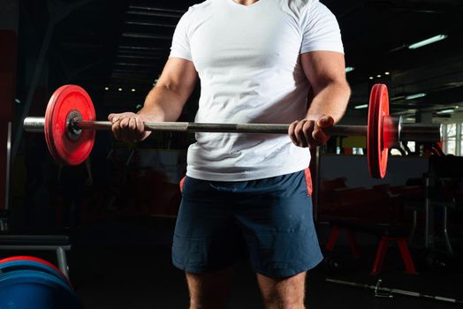 Man in the gym lifts the barbell. bodybuilding and healthy lifestyle