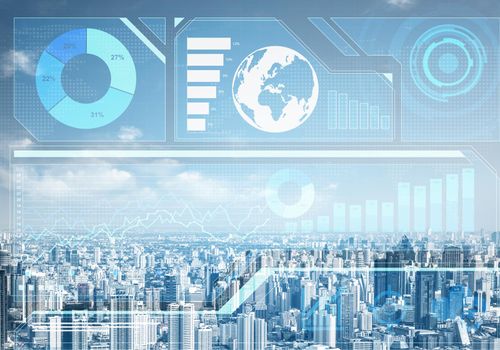 Double exposure business concept with abstract stock market data on background of modern cityscape. Virtual interface of online trading platform. Digital economic indexes, analytics and statistics.