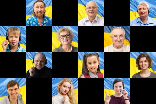 Portraits of many aged people against flag of Ukraine.