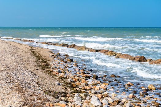 Scenery seascape ocean coastline, amazing panoramic sea shore beach landscape. Travel vacation background. Beautiful day near Adriatic coast, Italy