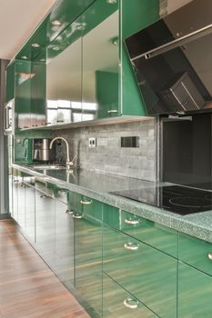 Kitchen in green design with modern appliances and a marble countertop in a cozy modern house