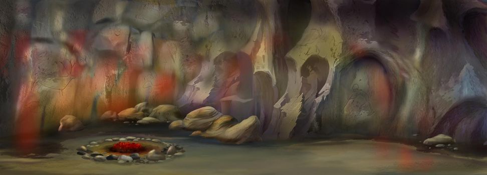 Caveman cave in prehistoric era. Digital Painting Background, Illustration.