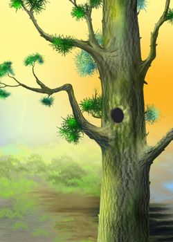 Hollow in a large pine tree in the taiga on a summer day. Digital Painting Background, Illustration.