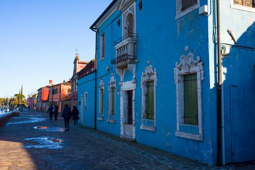 Burano, Italy - January, 06: View of the old blues house of Burano island on January 06, 2022