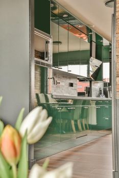 Kitchen in green design with modern appliances and a marble countertop in a cozy modern house