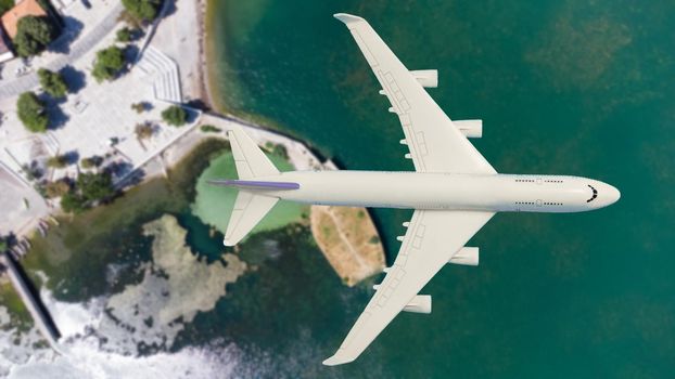 Airplane fly above beautiful nature landscape island, Tourism destination, Background for banner summer holiday vacation travel trip.