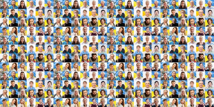 Collage of many smiling happy people children with a ukrainian flags. Banner.