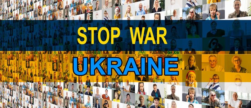 faces collage with flag ukraine. stop war.