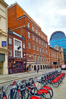 London, United Kingdom, February 5, 2022: City bike parking in London. A popular and environmentally friendly transport, a way to get around the city