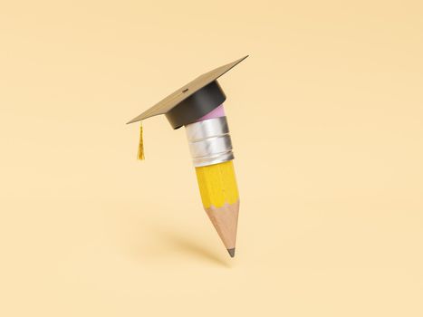 3d illustration of used pencil in graduation hat showing concept of education and process of learning on beige background