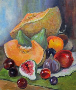 Peach, melon, figs and cherries in Georgia, still life oil painting