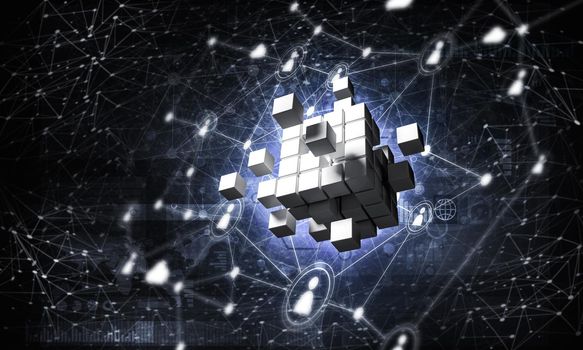 Conceptual background image with cube figure and social connection lines. 3d rendering