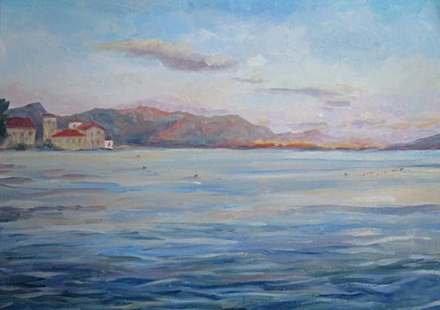 Oil painting illustration of Croatian coast in summer on canvas background, Croatia, Europe