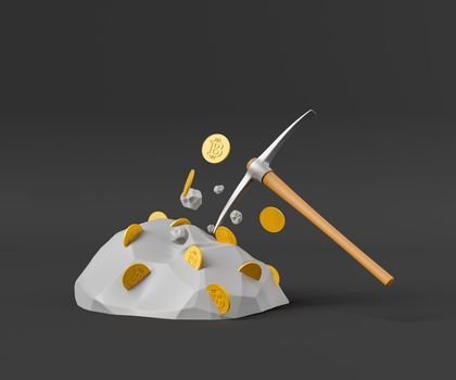 3d illustration of pickaxe breaking stone with precious golden coins with bitcoin symbol for concept of cryptocurrency mining on gray background